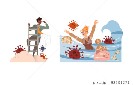 Man Climbing Ladder Searching for Horizon and Woman Drowning in Coronavirus Flood Having Financial Crisis Vector Set Man Climbing Ladder Searching for Horizon and Woman Drowning in Coronavirus Flood Having Financial Crisis Vector Set 92531271