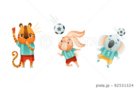 Wild Animal Character Playing Football Wearing Uniform Passing Ball Vector Set Wild Animal Character Playing Football Wearing Uniform Passing Ball Vector Set 92531324
