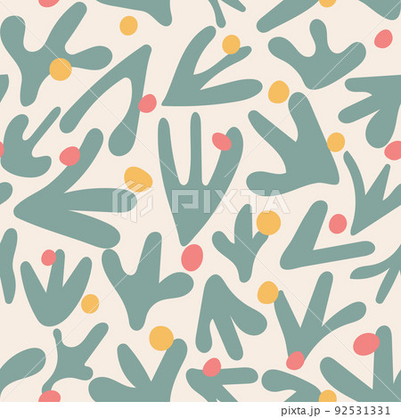 Cute naive vector seamless patterns with pastel colored green shapes in beige background. Scandinavian style floral pattern with cute hand draw random figures. Contemporary art for fabric, wrapping 92531331