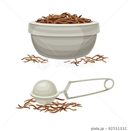 Dry Fermented Black Tea for Hot Aromatic Beverage Preparation in Bowl and Tea Strainer Vector Set 92531332