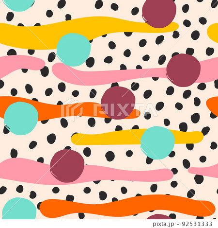 Bright colorful abstract seamless pattern with random polka dot, fluid shapes and brush spots. Artistic cover for design birthday card, wallpaper, wrapping paper, shop sale advertising, textile fabric 92531333