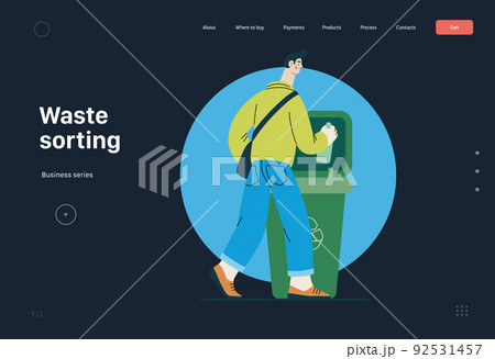 Ecology - Waste sorting -Modern flat vector concept illustration of a young man putting a glass bottle into the garbage container for glass waste. Creative landing web page template 92531457