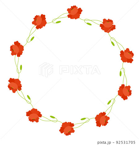Round frame with blooming red poppy flowers with bud. Postcard napkin, decoration. Vector illustration. Floral pattern for decor, design, print and napkins. 92531705
