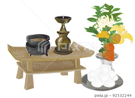 仏事の素材　お参りセットと　お供え団子とお花　お盆の飾り 92532244