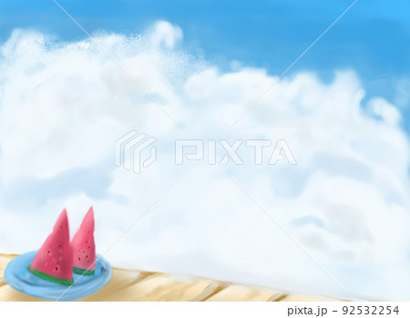 夏の空とスイカの涼やかな水彩背景 92532254