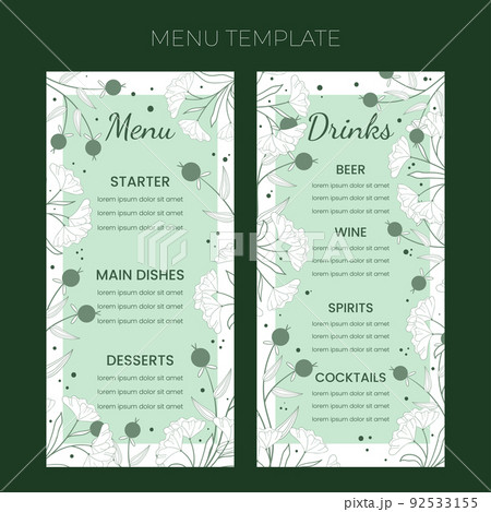 Floral wedding Menu template in hand drawn doodle style, invitation card design with line flowers and leaves, dots and berries. Vector decorative frame on white and green background. 92533155
