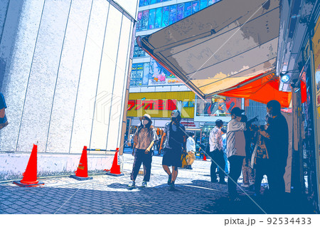 休日の秋葉原でショッピングを楽しむ人々や風景のイラスト 92534433