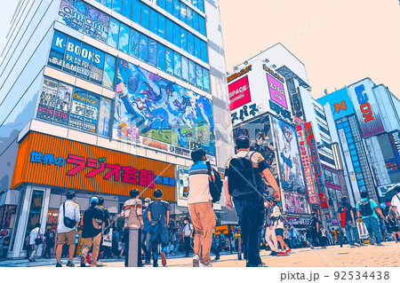 休日の秋葉原でショッピングを楽しむ人々や風景のイラスト 92534438