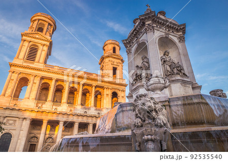 Church of Saint-Sulpice and fountain at sunset, Paris, France 92535540