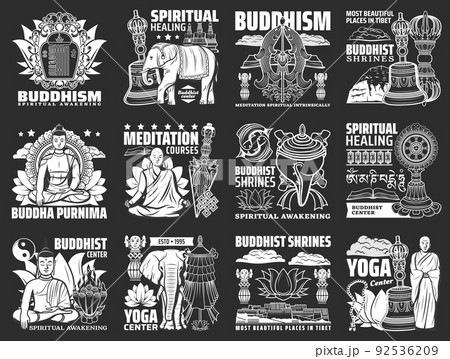 Buddhism religion, Buddha, Indian temple and Buddhist monk vector icons. Dharma and prayer wheel, lotus flower, endless knot, stupa and chakra, spiritual bell, treasure vase, gold fish and conch shell 92536209