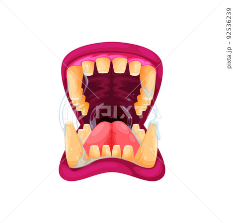 Halloween horror holiday lips with fangs, dracula vampire demon spooky smile with saliva isolated cartoon open mouth. Vector scary yellow teeth with pink tongue of creepy beast, monster devil zombie 92536239