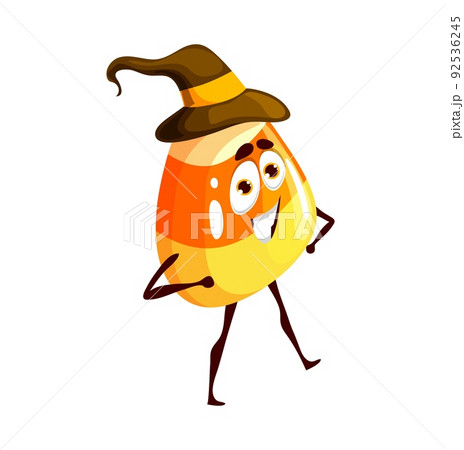 Cartoon Halloween candy corn in witch hat. Vector funny toffee character with arms akimbo. Isolated holiday pastry personage, confectionery caramel with smiling face. Kids trick or treat party dessert 92536245