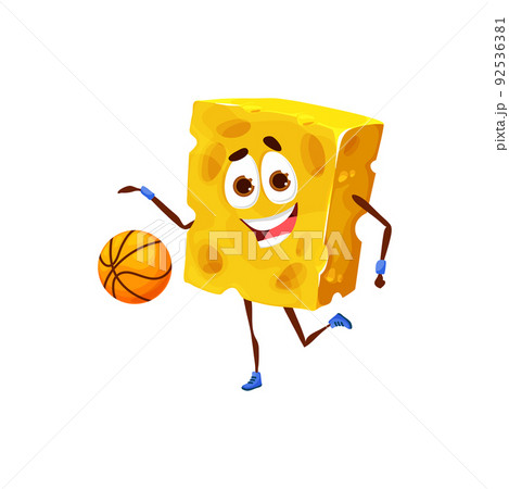 Cartoon piece of cheese personage playing basketball, vector food on sport. Funny cheese lump play basketball ball, funny character mascot for kids sport team or cheese snacks package Cartoon piece of cheese personage playing basketball, vector food on sport. Funny cheese lump play basketball ball, funny character mascot for kids sport team or cheese snacks package 92536381