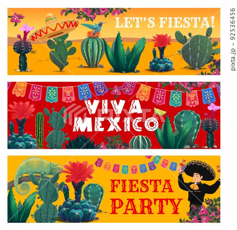 Mexican holiday fiesta banners, cartoon cactus, papel picado flags and musician, vector party flyer. Viva Mexico banners with mariachi man in sombrero with maracas, chameleon lizard and agave cactus 92536456