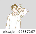 Young man unhappy and angry showing rejection and negative with thumbs down gesture. Hand drawn in thin line style, vector illustrations. 92537267