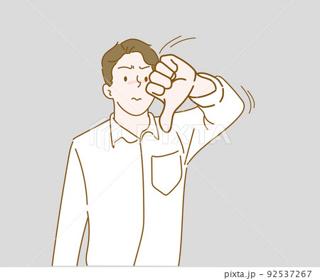 Young man unhappy and angry showing rejection and negative with thumbs down gesture. Hand drawn in thin line style, vector illustrations. Young man unhappy and angry showing rejection and negative with thumbs down gesture. Hand drawn in thin line style, vector illustrations. 92537267