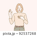 Smiling girl introduce herself, raising hand up and say hello. Hand drawn in thin line style, vector illustrations. 92537268