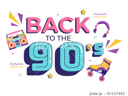 90s Retro Party Cartoon Background Illustration with Nineties Music, Sneakers, Radio, Dance Time and Tape Cassette in Trendy Flat Style Design 92537483