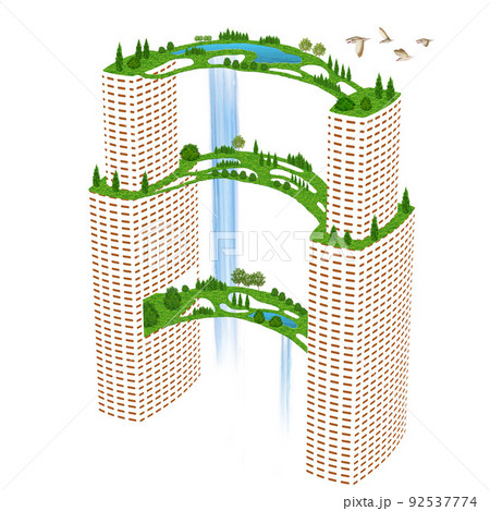 ビルや都会の単純化イメージと緑や自然とのシンボルイラスト　バリエーションあり 92537774