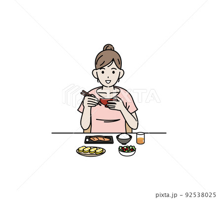 食生活　朝食を食べる　若い女性　健康的な食事　自炊　イラスト 92538025