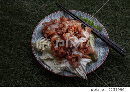 Stir fried flat noodle and Chicken with dark soy sauce and vegetables (Thai people called Pad See Ew), It is one of the most popular street food in the world. 92539964