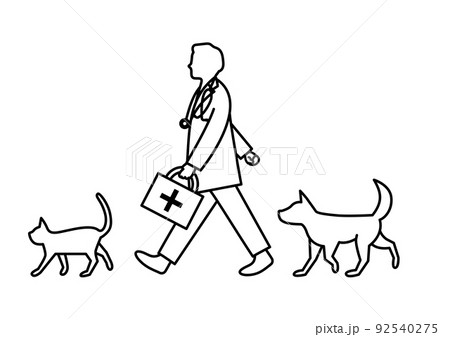 犬、猫と一緒に歩いている獣医師　線画 92540275