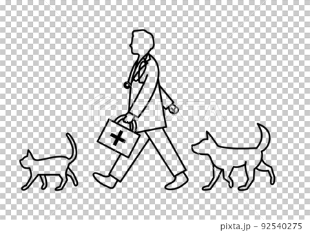 犬、猫と一緒に歩いている獣医師　線画 92540275