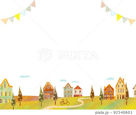 秋の紅葉した景色とかわいいレトロな建物が並んだ北欧風ベクターフレーム白バック背景素材 92540601