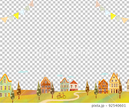 秋の紅葉した景色とかわいいレトロな建物が並んだ北欧風ベクターフレーム白バック背景素材 92540601