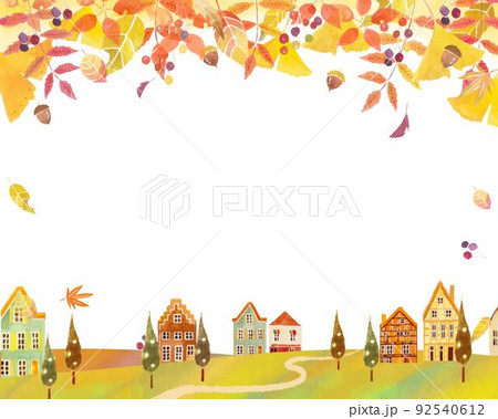 秋の紅葉した葉っぱのある景色とかわいいレトロな街並みの北欧風ベクターフレーム白バック背景素材 92540612
