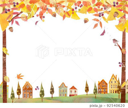 秋の紅葉した葉っぱのある景色とかわいいレトロな街並みの北欧風ベクターフレーム白バック背景素材 秋の紅葉した葉っぱのある景色とかわいいレトロな街並みの北欧風ベクターフレーム白バック背景素材 92540620