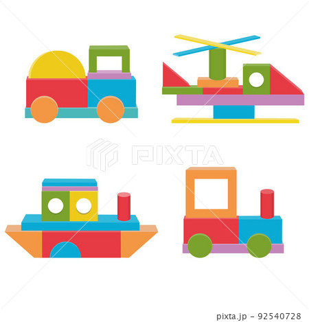 Construction of Transport from colored wooden cubes, vector isolated illustration in the flat style Construction of Transport from colored wooden cubes, vector isolated illustration in the flat style 92540728