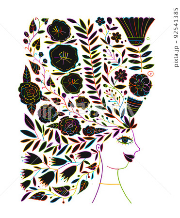Floral female portrait, pretty woman with floral hairs. Design for fashion cards, banners, posters Floral female portrait, pretty woman with floral hairs. Design for fashion cards, banners, posters 92541385