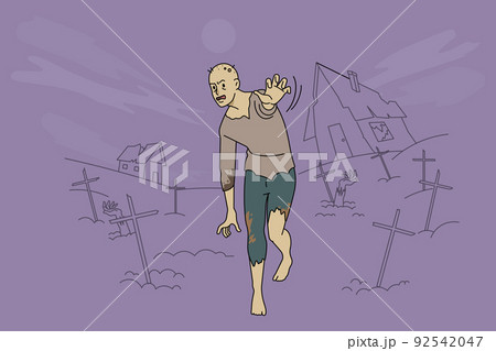 Zombie walking on cemetery near graves 92542047