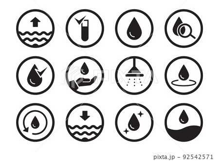 Water drop pictogram icon set. Eco, recycle water, sea care icon. Solid black shape symbol. 92542571