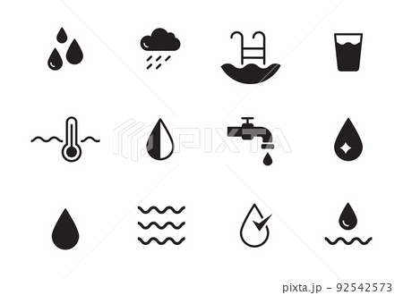 Water drop pictogram icon set. Eco, recycle water, sea care icon. Solid black shape symbol. 92542573