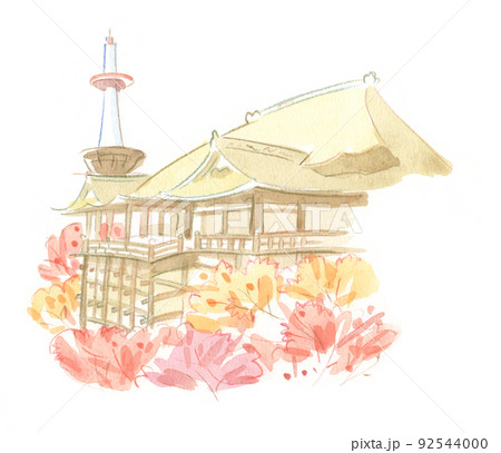 水彩画：京都タワーと清水寺 92544000