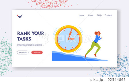 Working Process Organization Landing Page Template. Anxious Business Woman Character Running Away from Huge Clock Working Process Organization Landing Page Template. Anxious Business Woman Character Running Away from Huge Clock 92544865