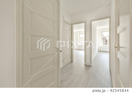 Narrow corridor with white walls and doors leading to spacious room with windows and parquet floor in modern apartment 92545834