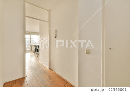Light narrow hallway with many doors in white walls and glowing lamp over lumber floor 92546001