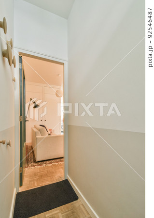 Narrow corridor with white walls and doors leading to spacious room with windows and parquet floor in modern apartment 92546487