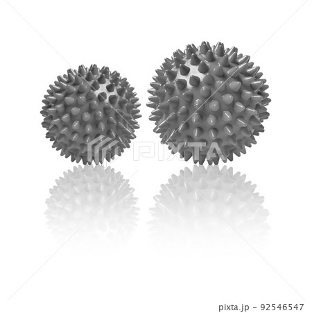 Two gray spiny massage balls isolated on white. Concept of physiotherapy or fitness. Closeup of a colorful rubber ball for dog teeth on a white color background. Corona virus model. Snowflake. Two gray spiny massage balls isolated on white. Concept of physiotherapy or fitness. Closeup of a colorful rubber ball for dog teeth on a white color background. Corona virus model. Snowflake. 92546547