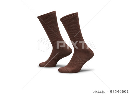 Pair of brown cotton socks isolated on white. Set of short socks for sports as mock up and label for advertising, logo, branding. Pair of brown cotton socks isolated on white. Set of short socks for sports as mock up and label for advertising, logo, branding. 92546601