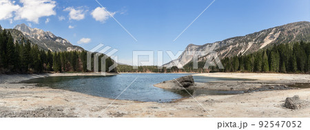 Maxi panorama of Lake Tovel located in the Adamello-Brenta Nature Park, Ville d'Anaunia, Trentino 92547052