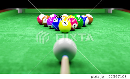 Snooker pool table and billiards ball with number 1 to 15 . Velvet texture on ground . 3D rendering . 92547103