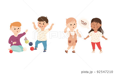 Bad behavior of kids set. Girls swearing loudly, boys fighting over toys cartoon vector illustration 92547210