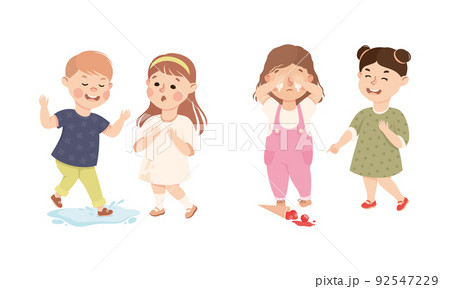 Bad behavior of kids set. Bully boy jumping into puddle and spraying girl with mud, friend laughing at girl whose ice cream fell cartoon vector illustration Bad behavior of kids set. Bully boy jumping into puddle and spraying girl with mud, friend laughing at girl whose ice cream fell cartoon vector illustration 92547229