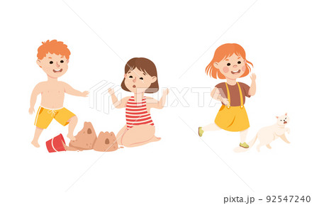 Bad behavior of kids set. Angry boy destroying sandcastle, girl stepping on tail of cat cartoon vector illustration Bad behavior of kids set. Angry boy destroying sandcastle, girl stepping on tail of cat cartoon vector illustration 92547240
