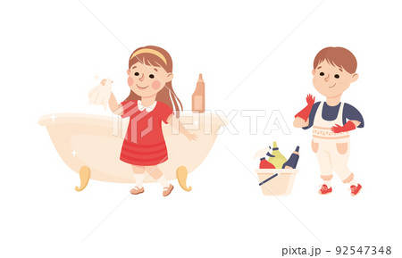 Cute kids doing housework chores set. Little girl cleaning bathtub, boy in gloves using detergents cartoon vector illustration Cute kids doing housework chores set. Little girl cleaning bathtub, boy in gloves using detergents cartoon vector illustration 92547348