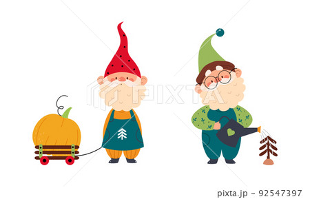 Set of garden gnomes. Dwarfs pulling wheelbarrow with pumpkin and watering tree seedling, cute fairy tale characters cartoon vector illustration Set of garden gnomes. Dwarfs pulling wheelbarrow with pumpkin and watering tree seedling, cute fairy tale characters cartoon vector illustration 92547397
